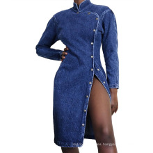 New Season High Split Cheongsam Design Fancy Evening New Arrivals 2021 Denim Woman Dresses